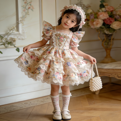 Girls Floral Lolita Birthday Dress - Puffy Cake Princess Gown with Hair Accessory Option