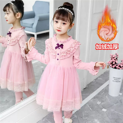 Girls Fleece-Lined Tulle Princess Dress - Three-Button Long-Sleeve Gown with Legging Options