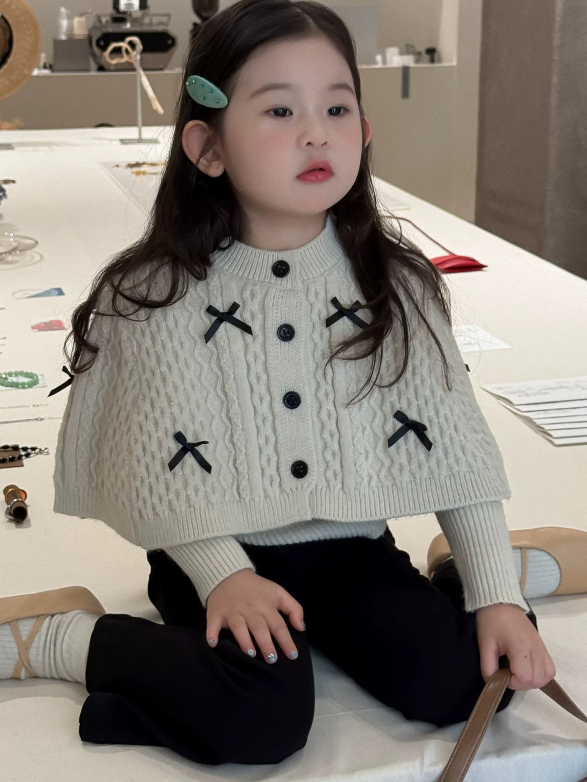 Girls Cape Sweater & Flare Pants Set - Bow-Detail Autumn Two-Piece