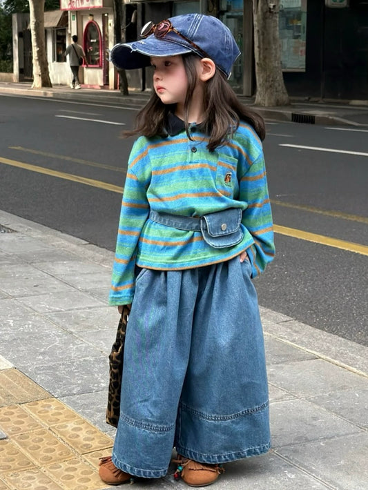 Girls Striped Polo & Wide-Leg Jeans Set - Retro Autumn with Mini Bag