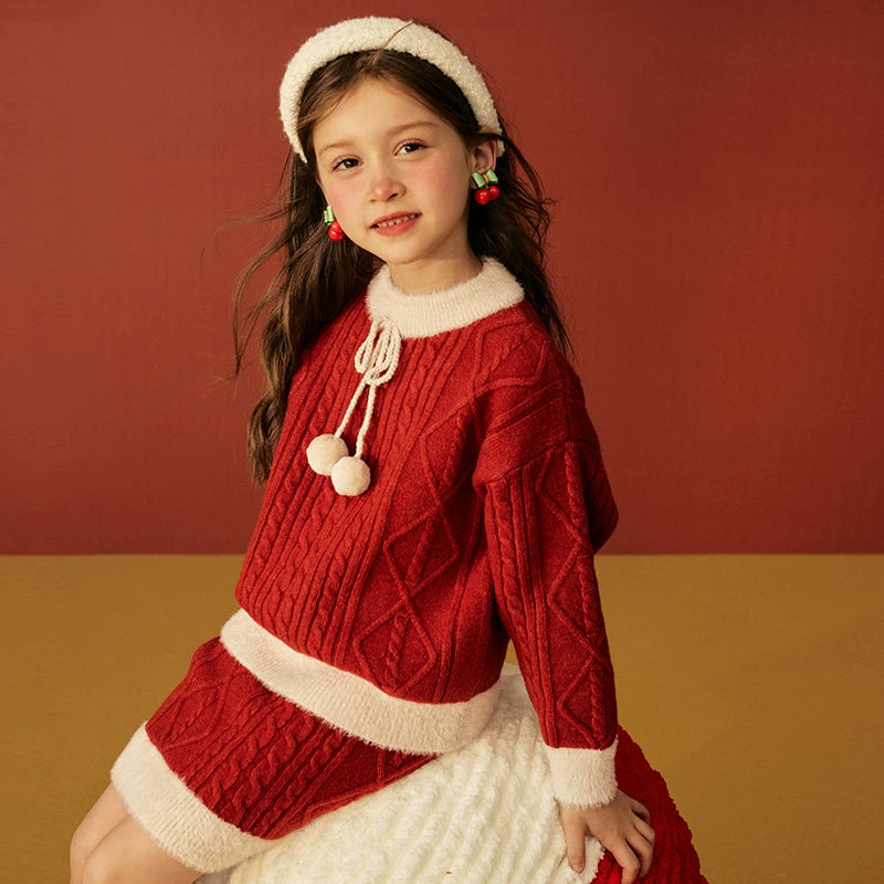 Girls Scarlet Sweater & Skirt Set - Thick Knit Holiday Two-Piece