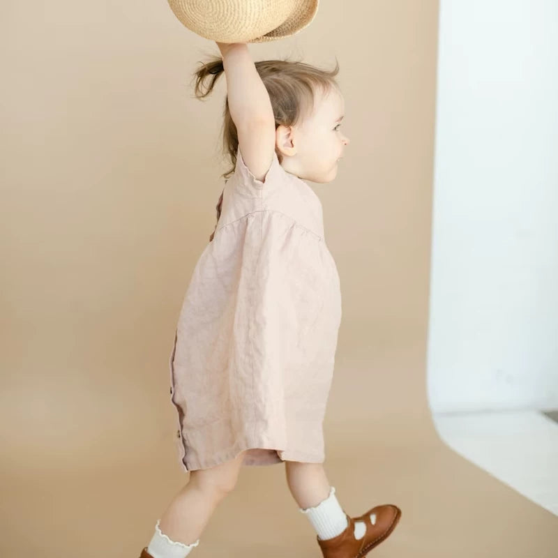 Girls Nordic Doll-Collar Linen Dress - Alice Style Short Sleeve