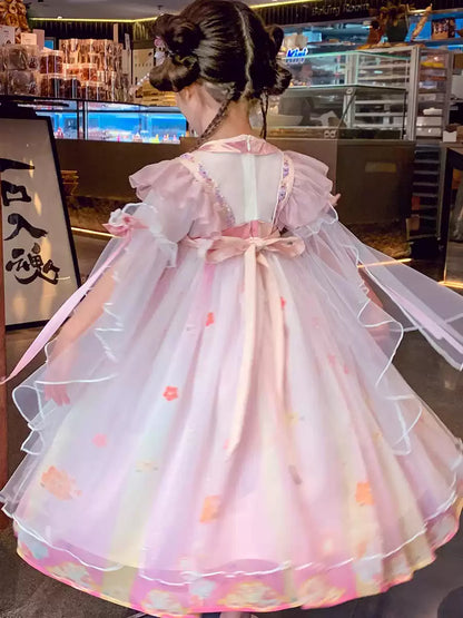 Girls Hanfu-Style Dress - Mesh-Panel National-Style Princess Gown