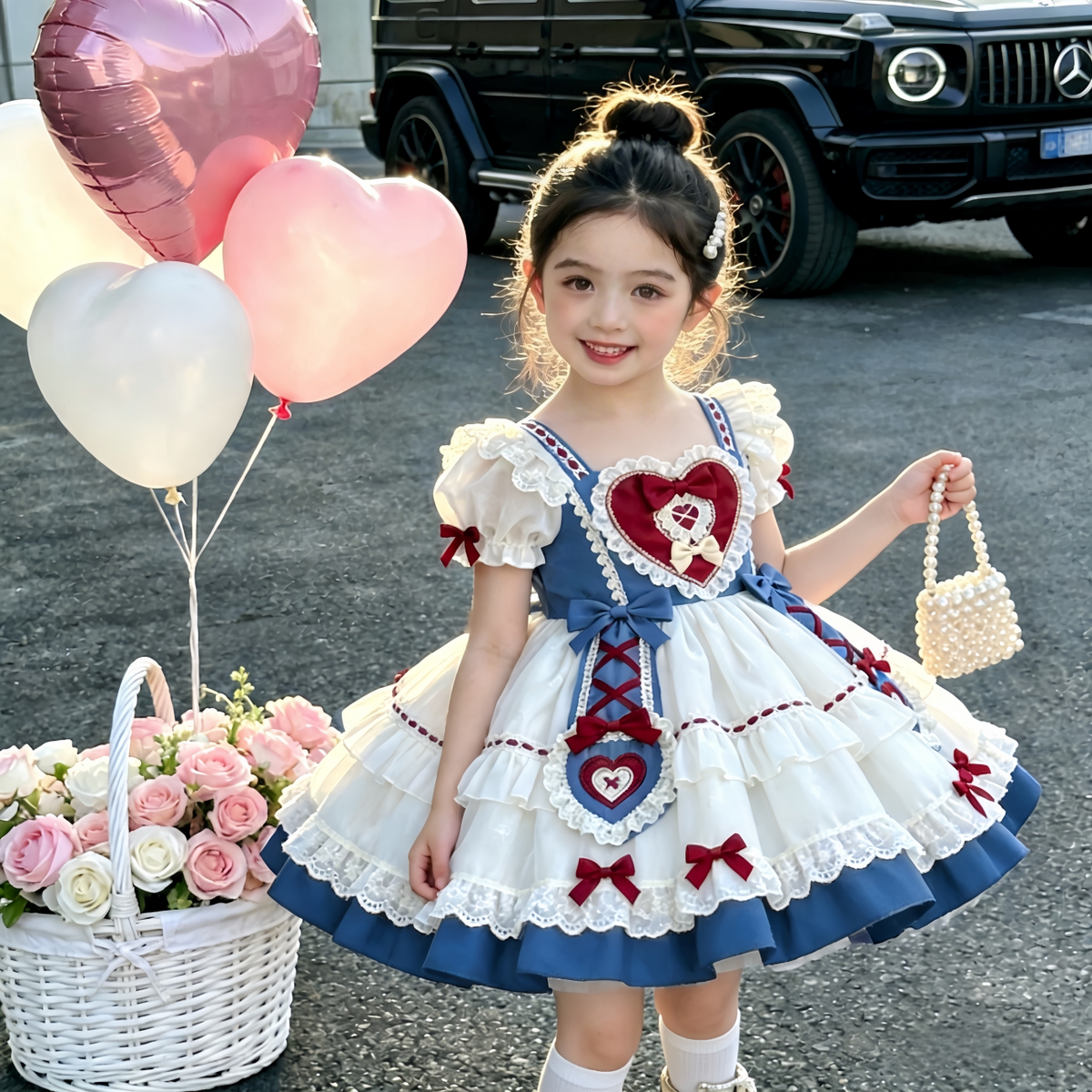 Girls Snow-White Lolita Dress - Sweet Puffy Birthday Stage Gown with Necklace Option