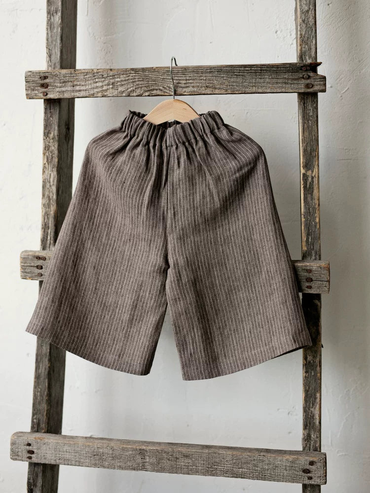 Girls Nordic Linen Shirt & Pants Set - Blue & Brown Autumn