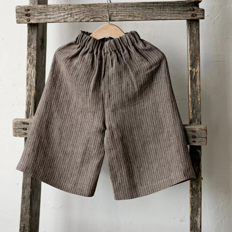 Girls Nordic Linen Shirt & Pants Set - Blue & Brown Autumn