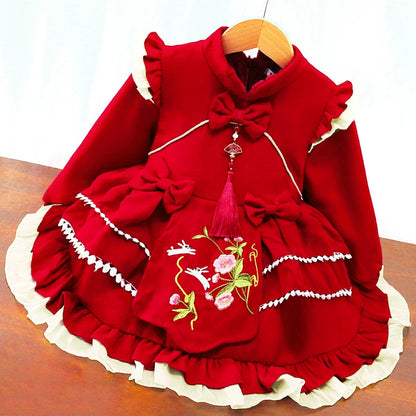 Girls Fleece-Lined New-Year Lolita Dress - Wine Red / Pink Princess Gown