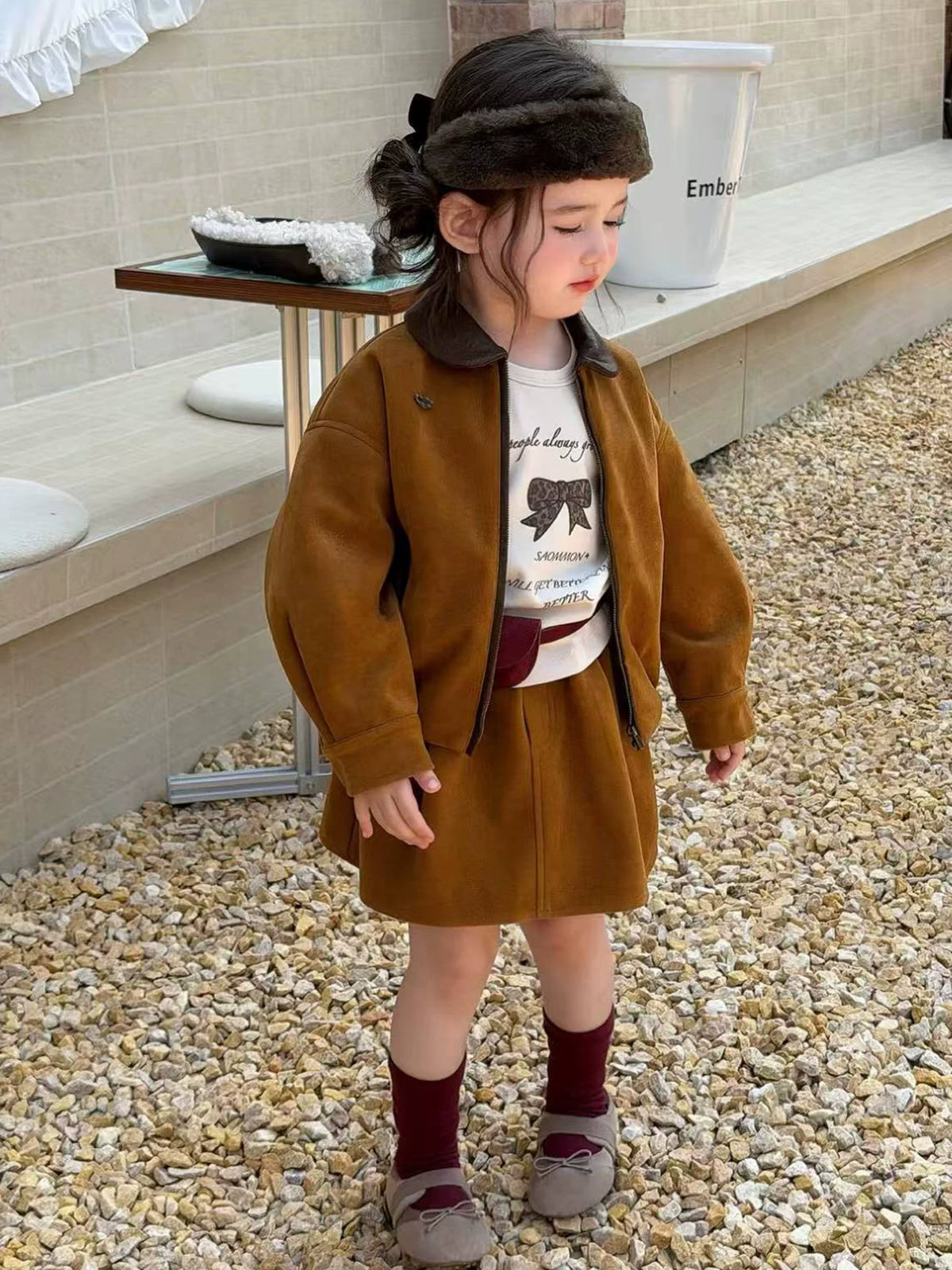 Girls Suede Jacket & Midi Skirt Set - Korean Autumn Two-Piece