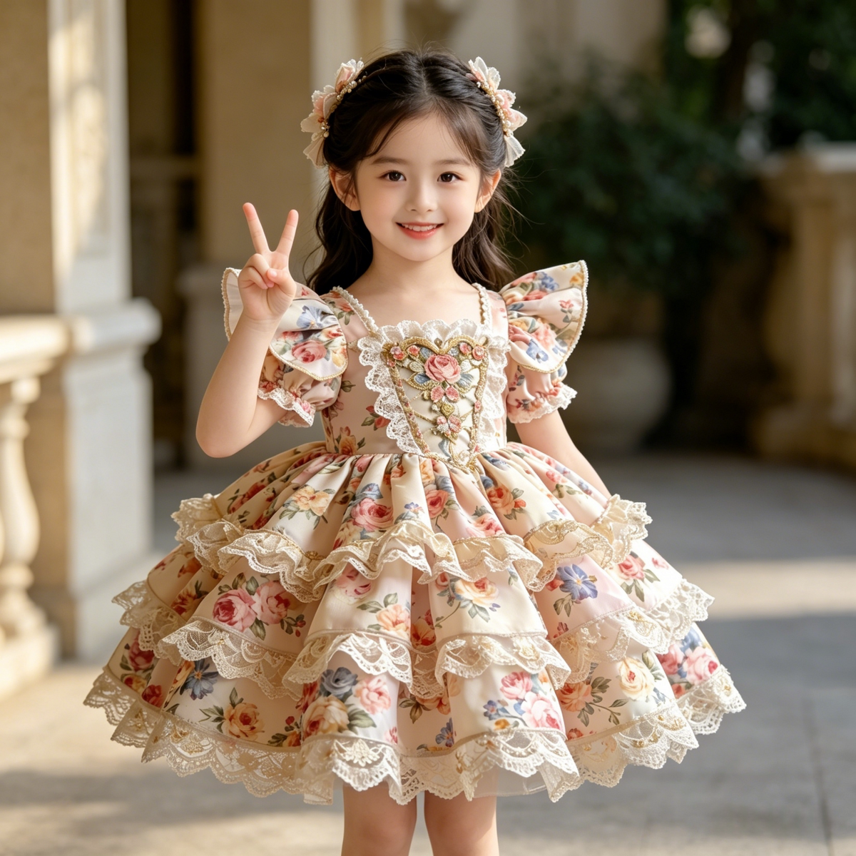 Girls Floral Couture Lolita Dress - Embroidered Birthday Princess Gown with Hair Accessory Option