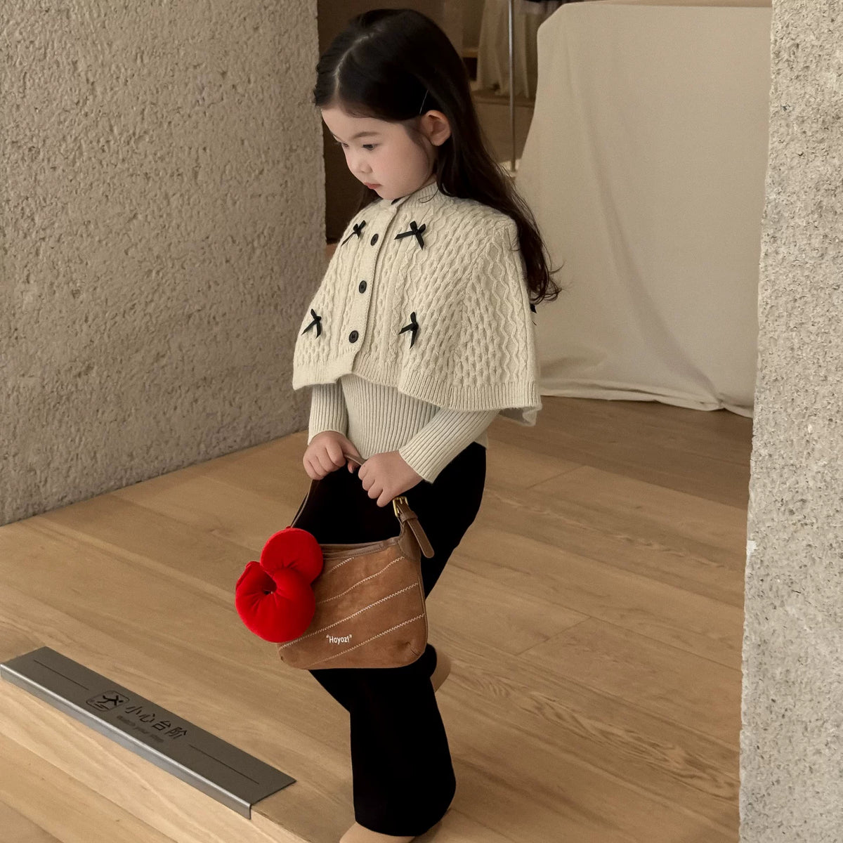 Girls Cape Sweater & Flare Pants Set - Bow-Detail Autumn Two-Piece
