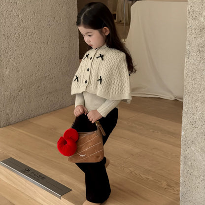 Girls Cape Sweater & Flare Pants Set - Bow-Detail Autumn Two-Piece