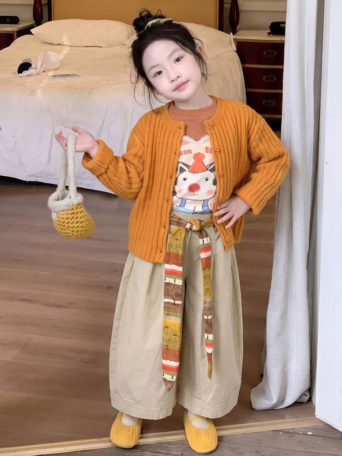 Girls Dopamine Knit Cardigan, Cartoon Tee & Casual Pants Set - Colourful 3-Piece