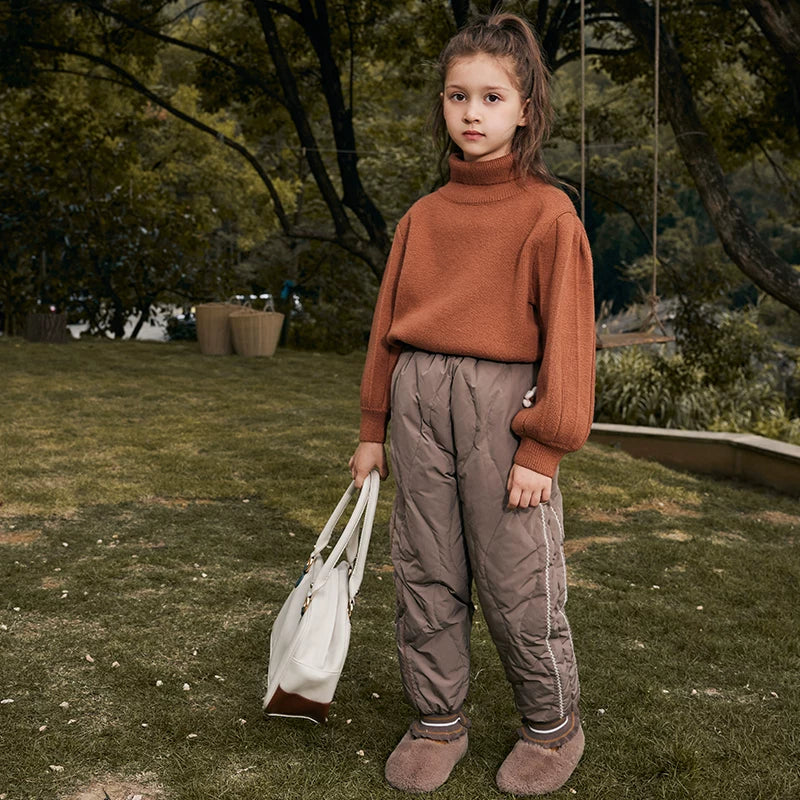 Girls Down-Lined Winter Pants - High-Waist Windproof Warm Trousers