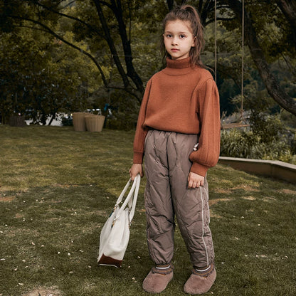 Girls Down-Lined Winter Pants - High-Waist Windproof Warm Trousers