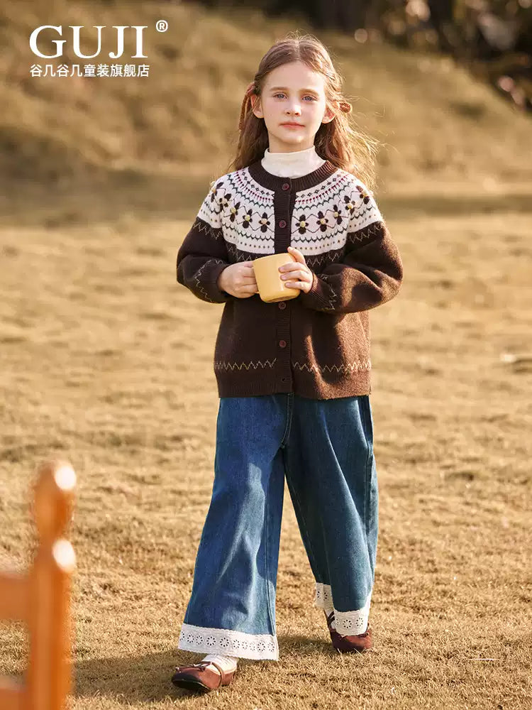 Girls Festive Red Knit Cardigan - Round Neck Holiday Sweater