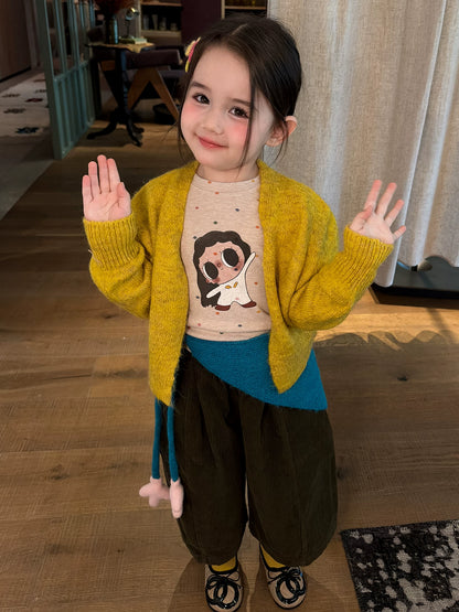 Girls Knit Cardigan & Wide-Leg Corduroy Pants Set - Soft Autumn