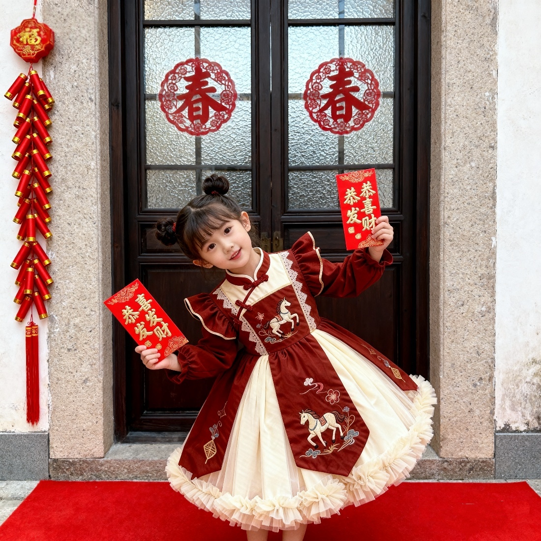 Girls Horse-Embroidered Fleece-Lined New-Year Dress - Tang-Style Festive Princess Gown