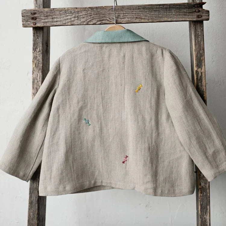Girls Nordic Linen Shirt - Grey Embroidered Long-Sleeve