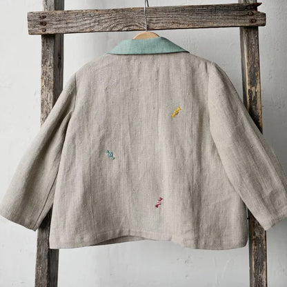 Girls Nordic Linen Shirt - Grey Embroidered Long-Sleeve