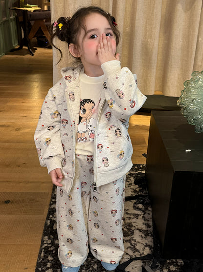 Girls Cartoon All-Over Print Hoodie & Pants Set - Autumn Two-Piece with Bonus Tee