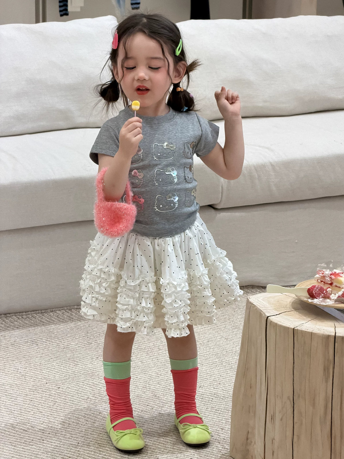 Girls Cartoon Cat Tee & Polka Dot Cake Skirt Set - Summer