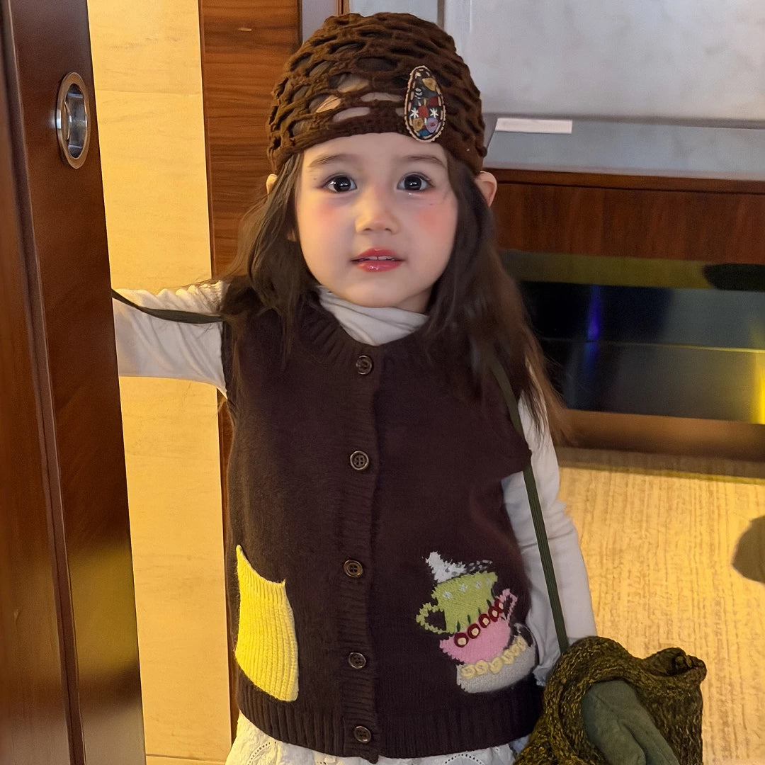 Girls Knit Vest & Corduroy Pants Set - Retro Layering Autumn