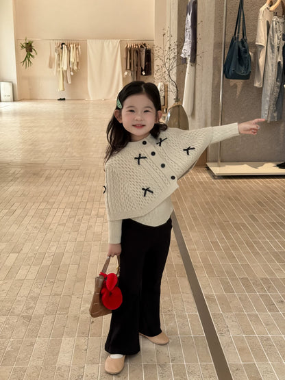 Girls Cape Sweater & Flare Pants Set - Bow-Detail Autumn Two-Piece