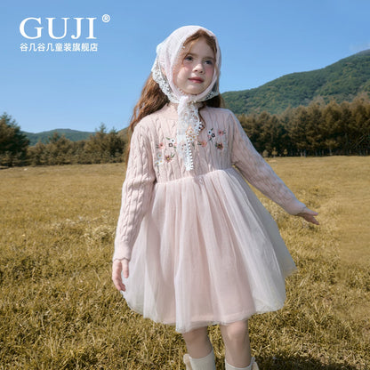 Girls Princess Mesh Knit Dress - Embroidered Winter Sweater Dress