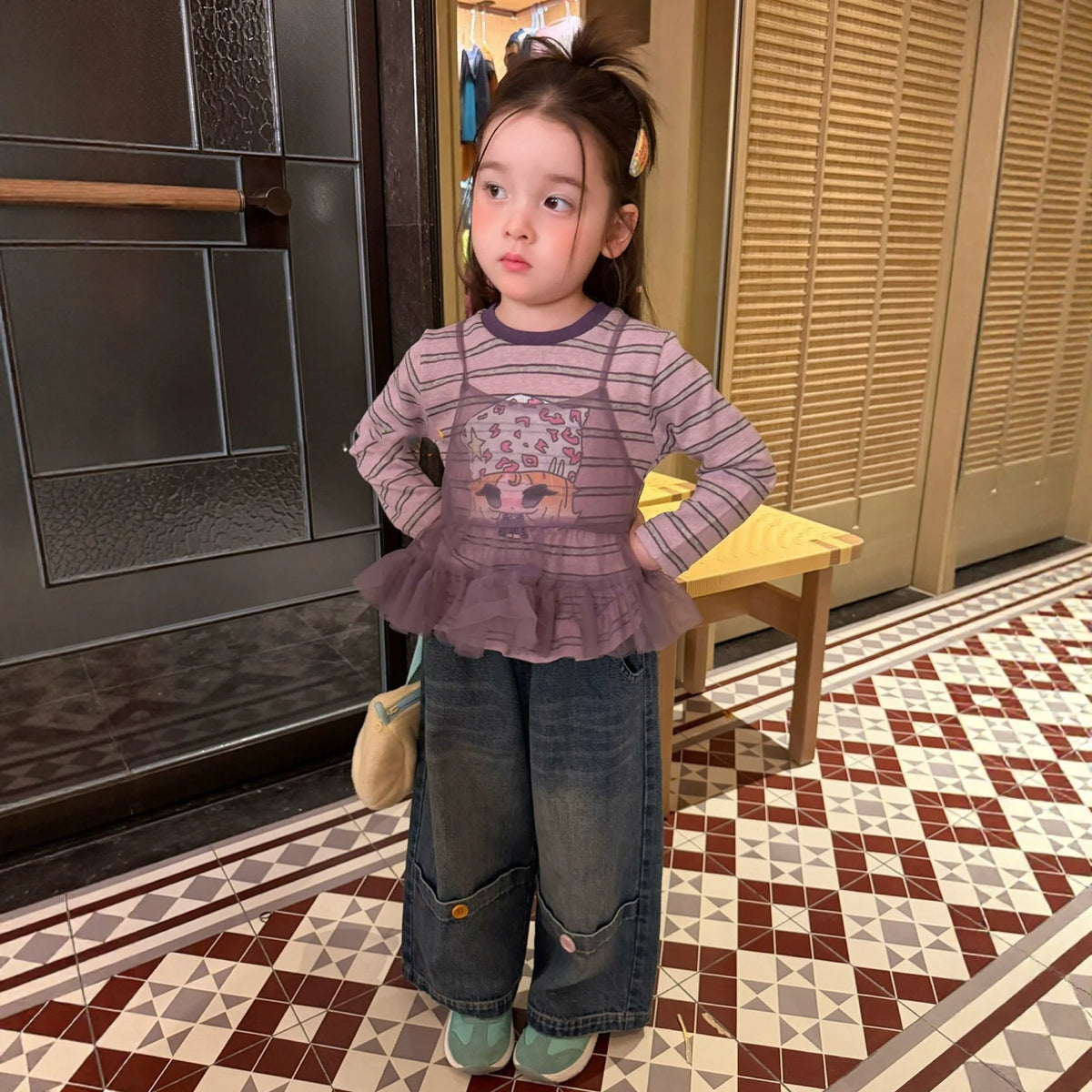 Girls Taro-Purple Layered Top & Jeans Set - Ruffle-Hem Autumn Separates