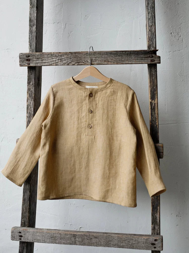Kids Nordic Linen Shirt - Yellow Embroidered Long-Sleeve