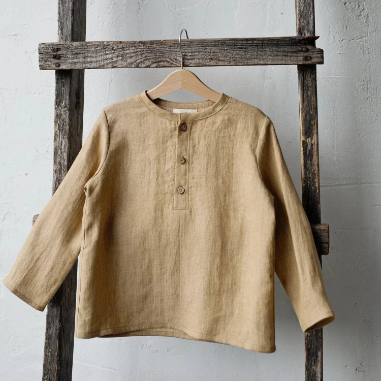 Kids Nordic Linen Shirt - Yellow Embroidered Long-Sleeve