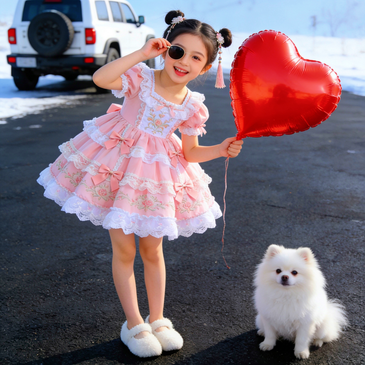 Girls Original-Design Lolita Gown - Pink Embroidered Birthday Princess Dress