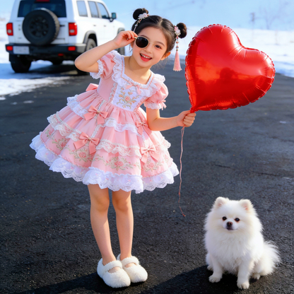 Girls Original-Design Lolita Gown - Pink Embroidered Birthday Princess Dress