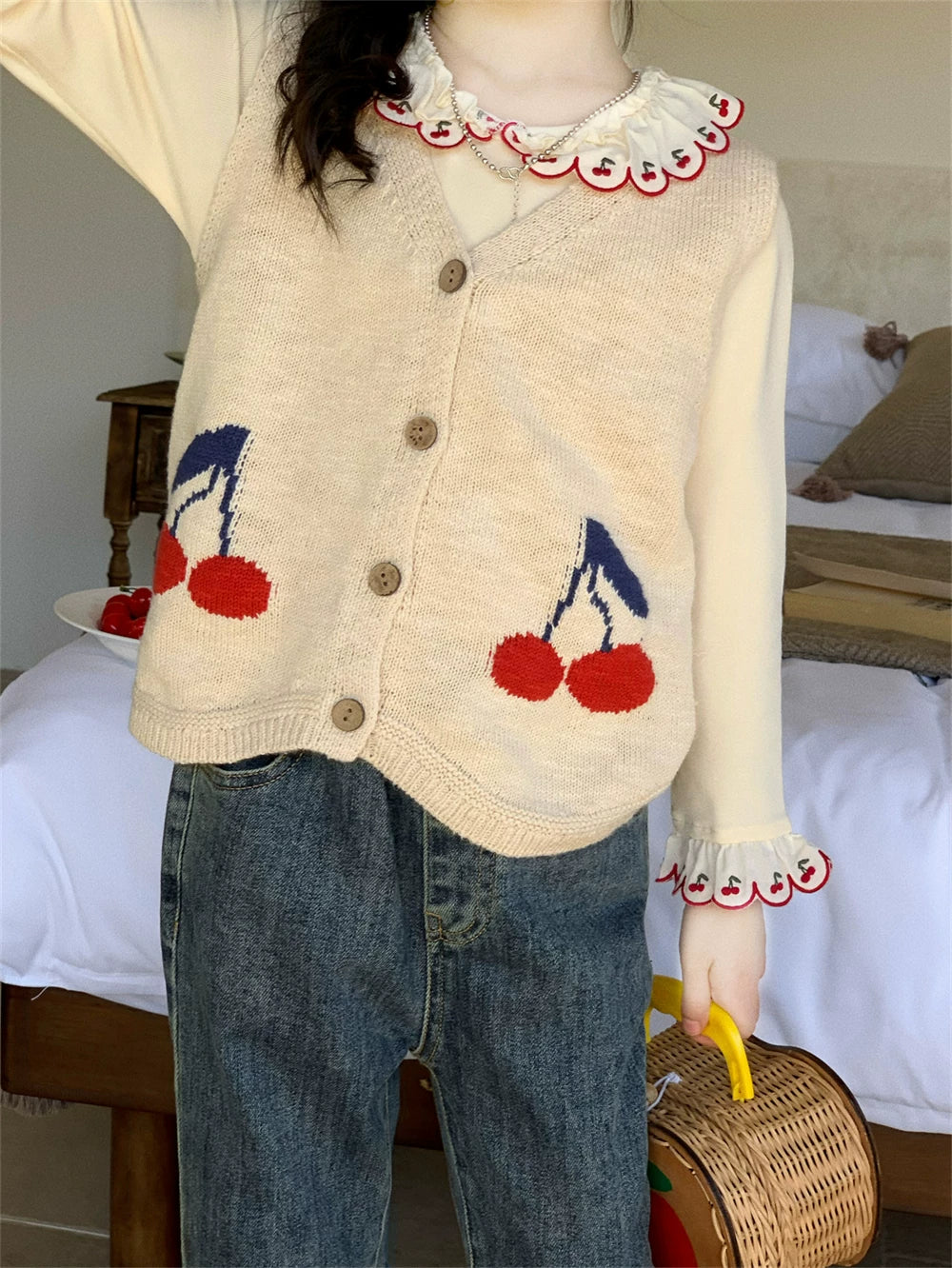 Girls Knit Vest, Tee & Jeans Three-Piece Set - Cherry Print Autumn Separates