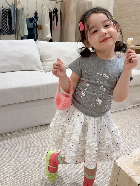 Girls Cartoon Cat Tee & Polka Dot Cake Skirt Set - Summer