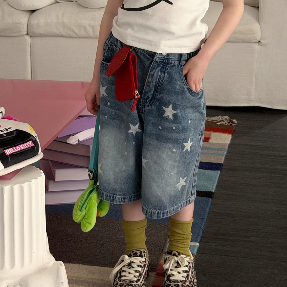 Girls Cartoon Tee & Star Denim Capri Set - Summer Mix & Match Outfit