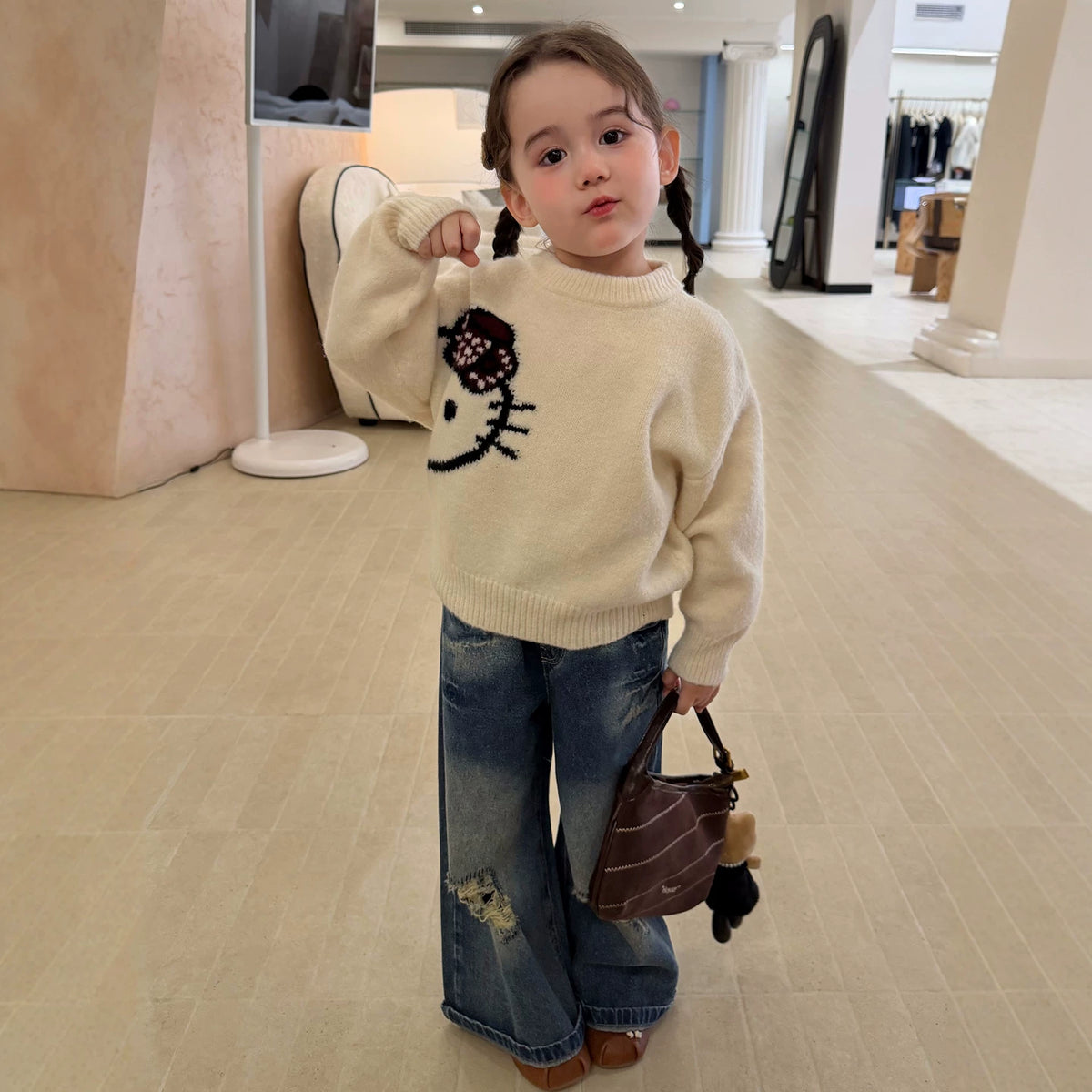 Girls Kitty Cartoon Sweater & Jeans Set - Soft Knit Autumn Two-Piece