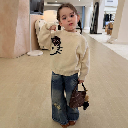Girls Kitty Cartoon Sweater & Jeans Set - Soft Knit Autumn Two-Piece