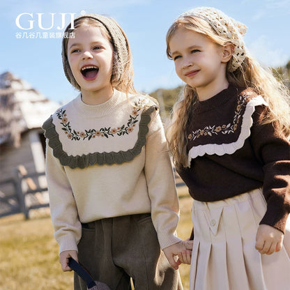 Girls Embroidered Crew-Neck Sweater - Preppy Knit Base Layer