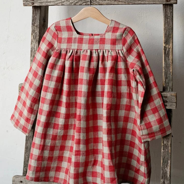 Girls Nordic Linen Pinafore Dress - Red Autumn Overall Dress