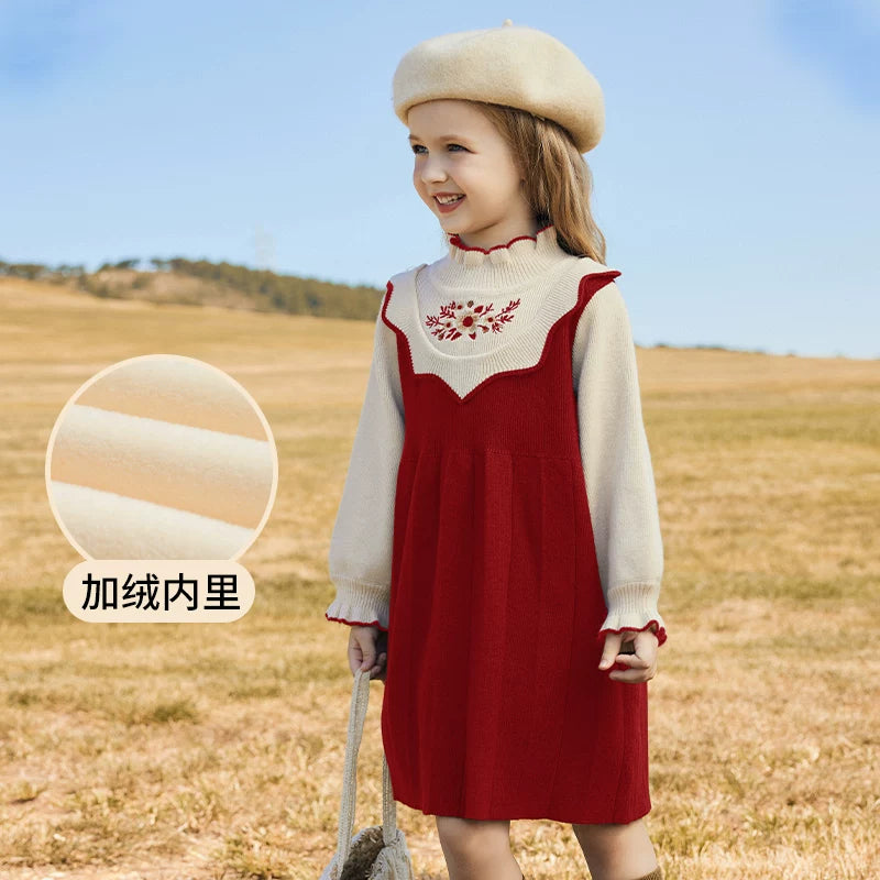 Girls Preppy Princess Sweater Dress - Embroidered Knit Midi, Fleece Options