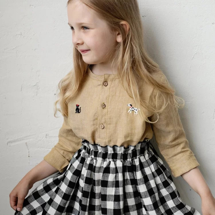 Kids Nordic Linen Shirt - Yellow Embroidered Long-Sleeve