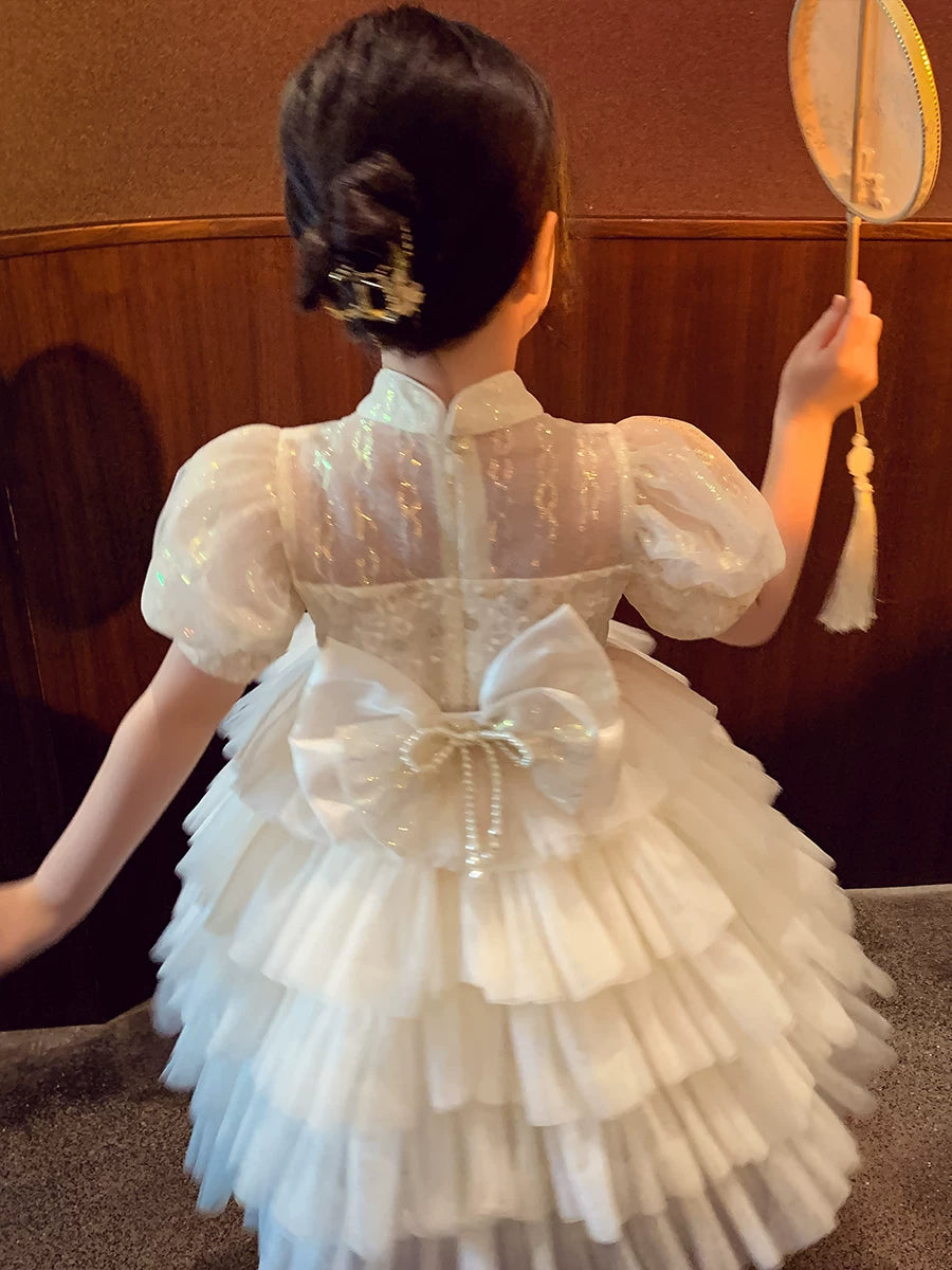 Girls Tulle Cake Dress - Puffy Princess Gown in Apricot