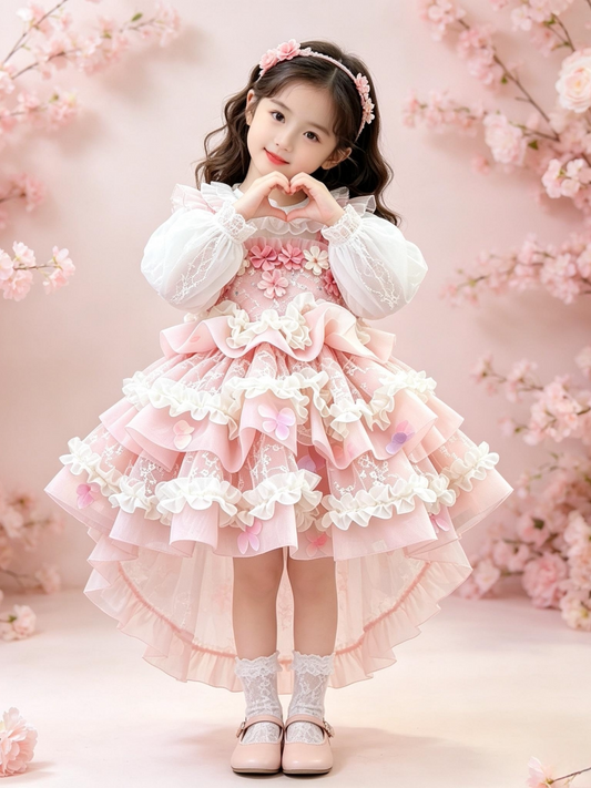 Girls Flower-Fairy Long-Sleeve Lolita Dress - Birthday Puffy Gown with Base Top & Train Options