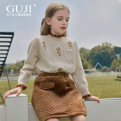 Girls Hand-Knit Crew-Neck Sweater - Embroidered Lace-Trim Pullover