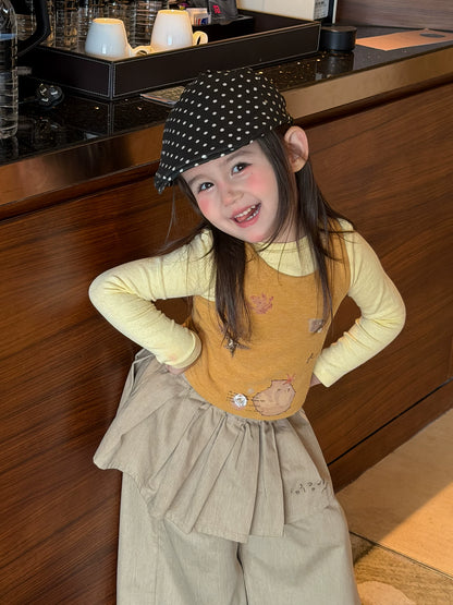 Girls Cartoon Vest & Tee Layering Set with Skirt-Panel Pants - Autumn 3-Piece