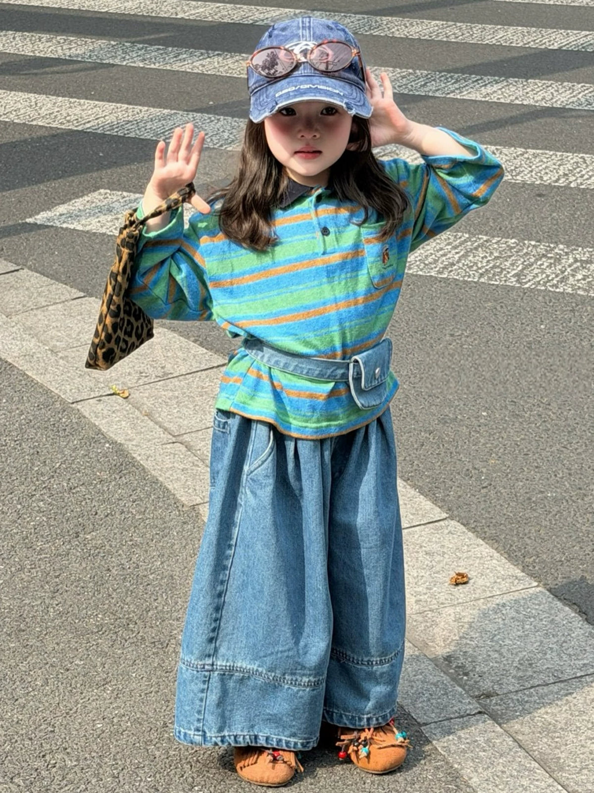 Girls Striped Polo & Wide-Leg Jeans Set - Retro Autumn with Mini Bag
