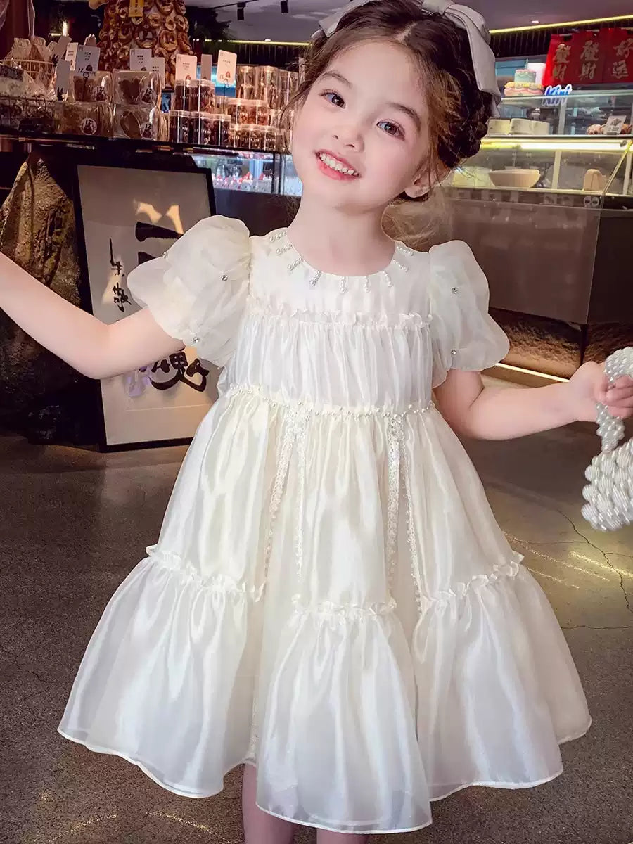Girls French-Style Puff-Sleeve Dress - Chic Princess Dress