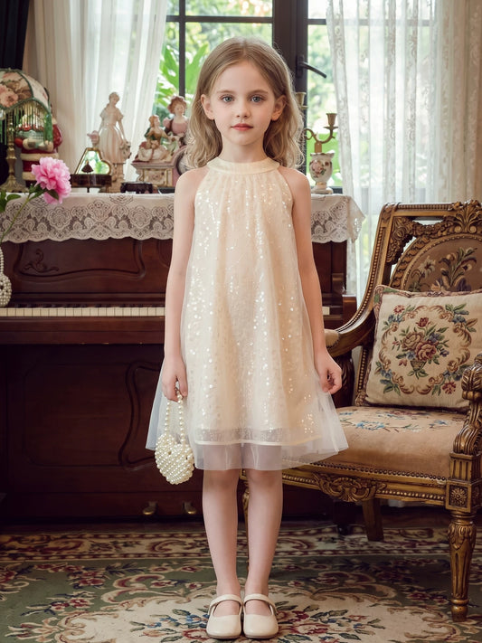 Girls Halter-Neck Sundress - Chic Mesh Princess Dress with Bow
