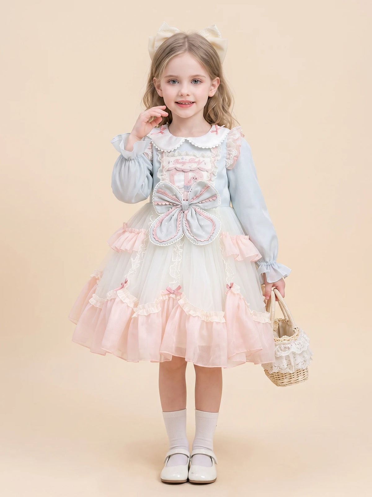 Girls Doll-Collar Lolita Cake Dress - Layered Tulle Princess Dress